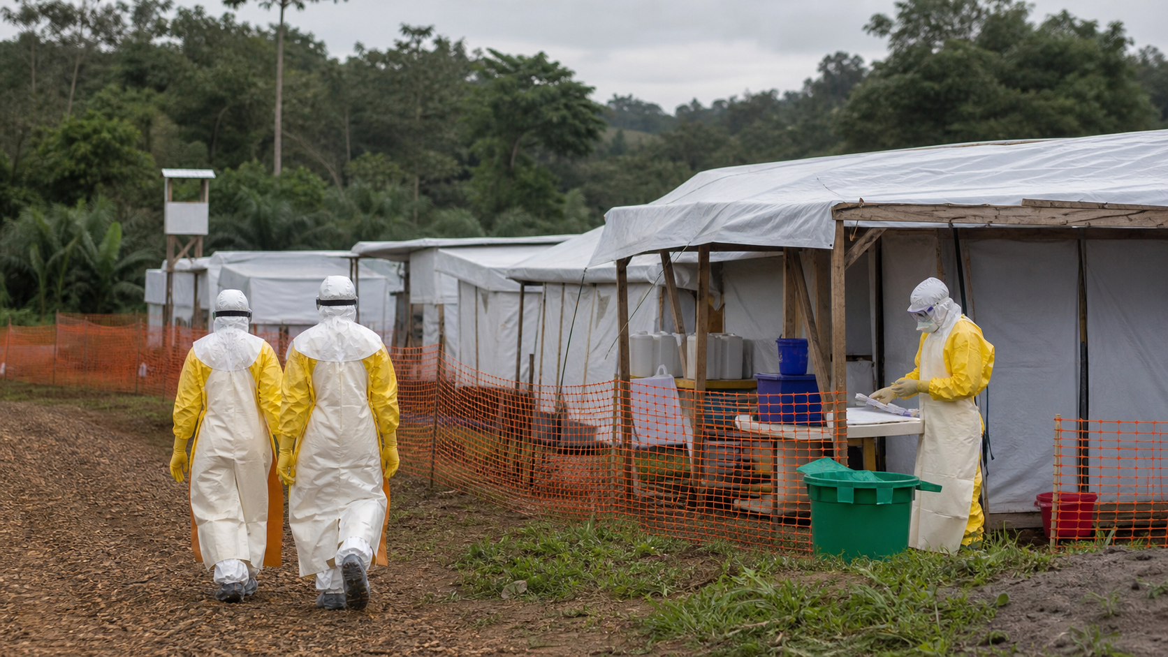 Trabajadores sanitarios con equipos de protección en un centro de respuesta al ébola en África central.