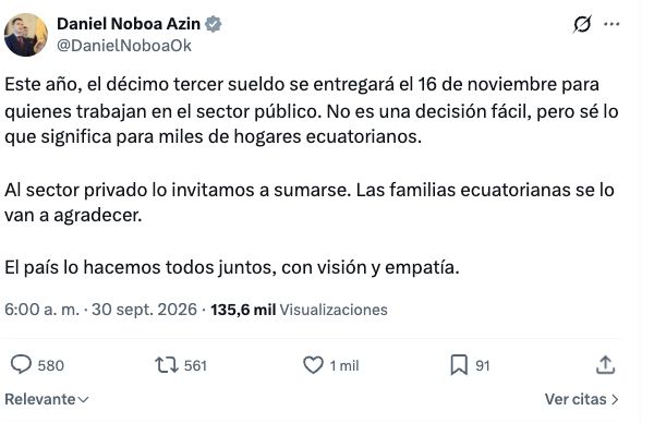 Captura del anuncio del presidente Daniel Noboa sobre el pago anticipado del décimo tercer sueldo