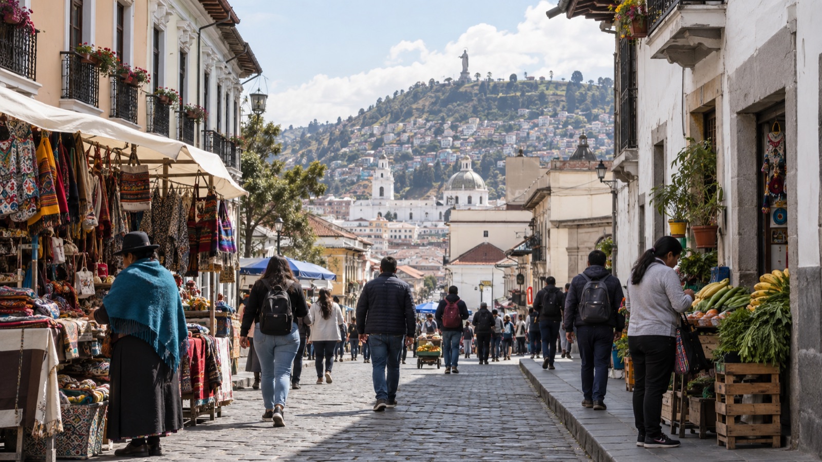 Comercio y actividad cotidiana en una calle de Quito, Ecuador