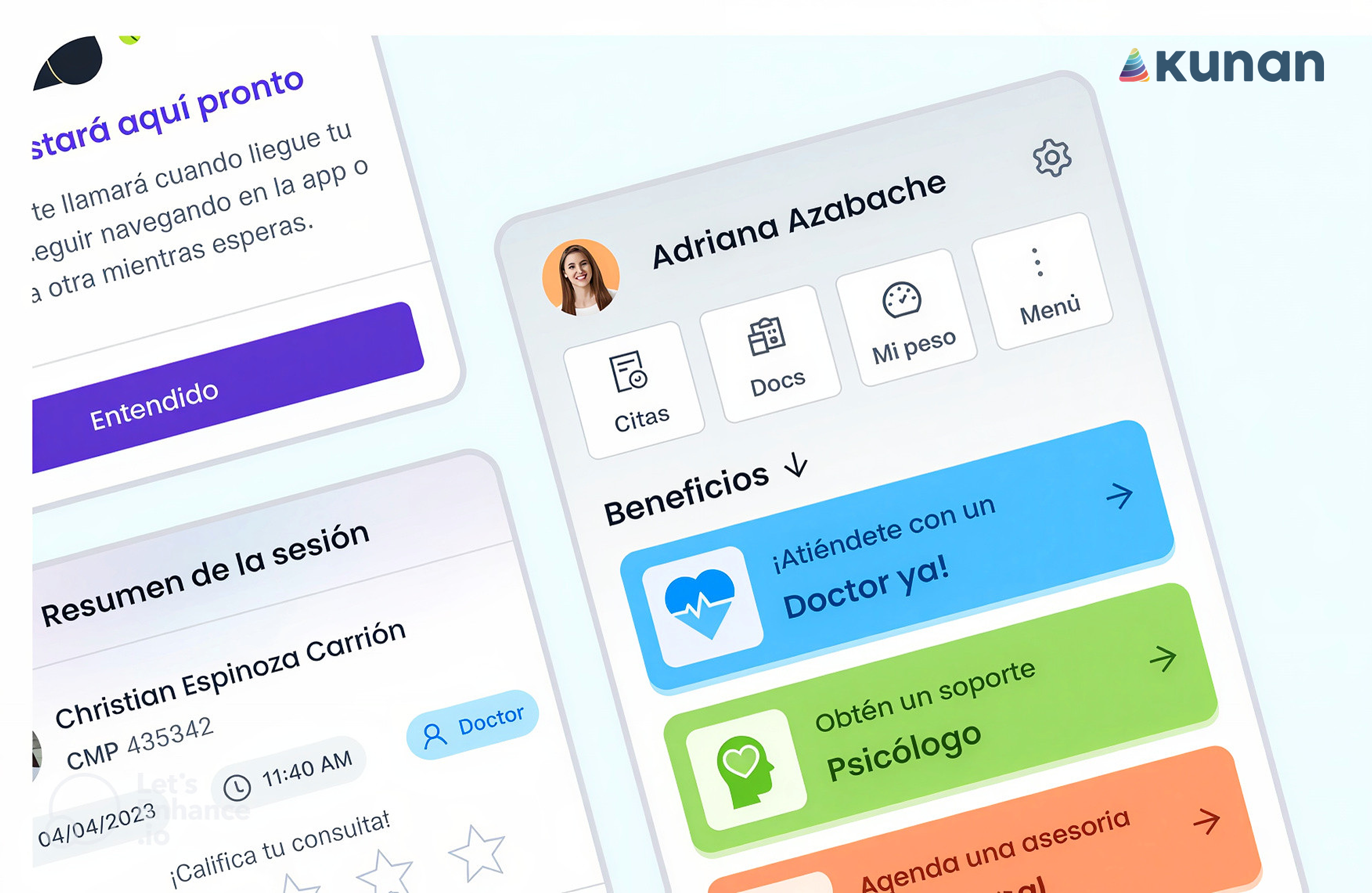Interfaz de Kunan con acceso a citas y servicios de bienestar